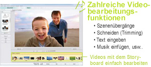 Zahlreiche Videobearbeitungsfunktionen -Szenenübergänge -Schneiden (Trimming) -Text eingeben -Musik einfügen, usw. Videos mit dem Storyboard einfach bearbeiten
the storyboard