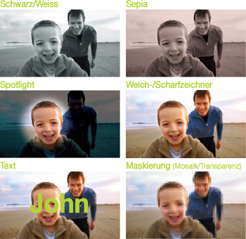 Schwarz/Weiss - Sepia - Spotlight - Weich-/Scharfzeichner - Text - Maskierung (Mosaik/Transparenz)